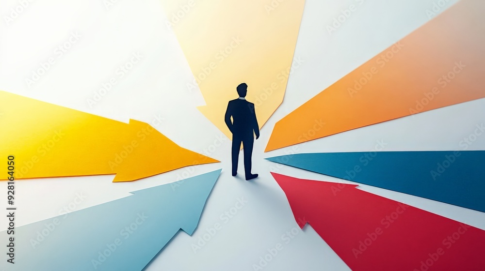 Businessman standing at a crossroads with colorful arrow directions, symbolizing choices, opportunities, and decision-making in business Businessman standing at a crossroads with colorful arrow directions, symbolizing choices, opportunities, and decision-making in business