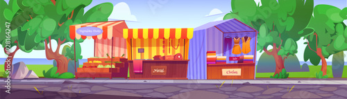 Street market stalls in green summer park. Vector cartoon illustration of outdoor trade fair with kiosks selling fruit, vegetables, meat and clothes, rural marketplace on sunny day, small business