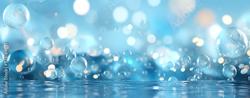 Glistening water droplets and bubbles create a serene, refreshing atmosphere with a soft blue background. photo