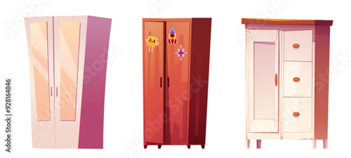Wardrobes set isolated on white background. Vector cartoon illustration of home furniture collection, wooden cupboard with mirror, stickers on door and drawers for clothes, bedroom interior design