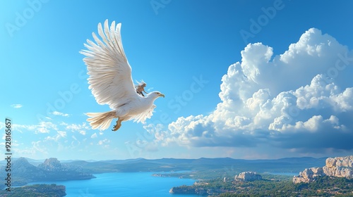 A serene dove soaring gracefully over a tranquil lake, surrounded by stunning clouds and picturesque nature. photo