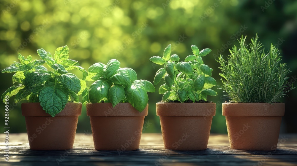 Four Potted Herbs on Wooden Table in Sunlit Garden - Fresh Mint, Basil, and Rosemary Plants Four Potted Herbs on Wooden Table in Sunlit Garden - Fresh Mint, Basil, and Rosemary Plants