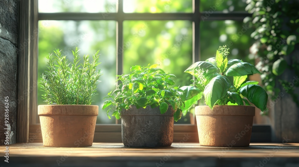 Fototapeta premium Sunlit Window Sill with Fresh Herb Plants in Terracotta Pots - Rosemary, Mint, and Basil