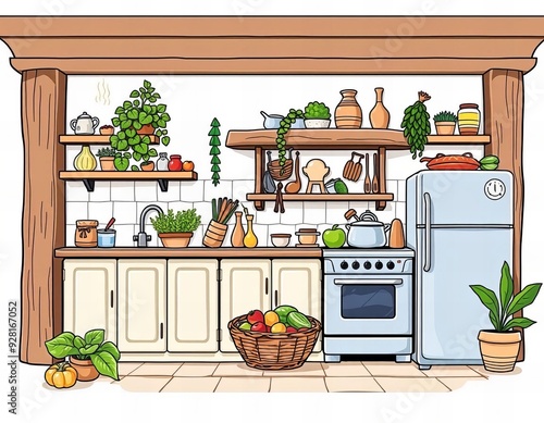 illustration of a kitchen with a refrigerator, stove, shelves, and various plants. photo