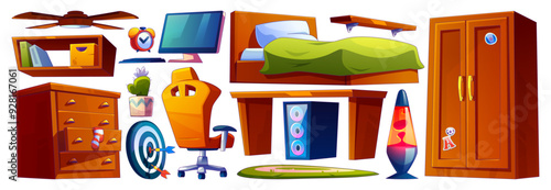 Teen boy bedroom furniture set isolated on white background. Vector cartoon illustration of desk and armchair, desktop computer, wardrobe and drawer, books on shelf, cactus, ceiling fan, night light