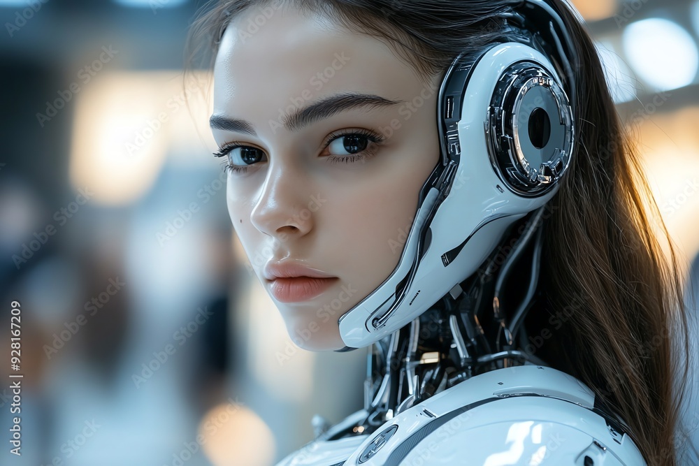 Cyborg Woman with Futuristic Helmet Looking to the Side. Cyborg Woman with Futuristic Helmet Looking to the Side.