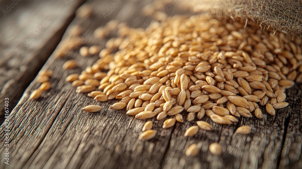 Obraz premium Close-Up of Barley Grains Spilled on Rustic Wooden Surface with Burlap Sack