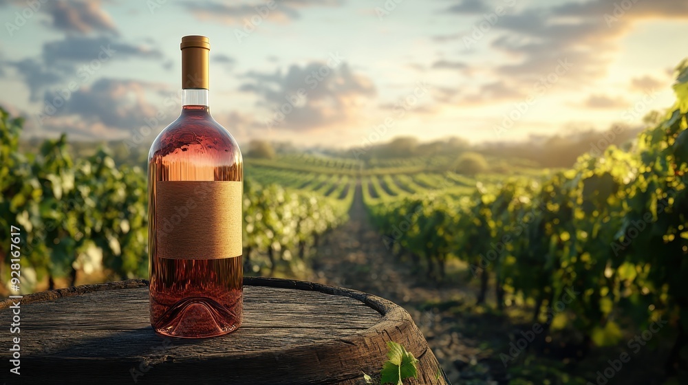 Scenic Vineyard at Sunset with a Bottle of Wine on a Wooden Barrel in the Foreground Scenic Vineyard at Sunset with a Bottle of Wine on a Wooden Barrel in the Foreground