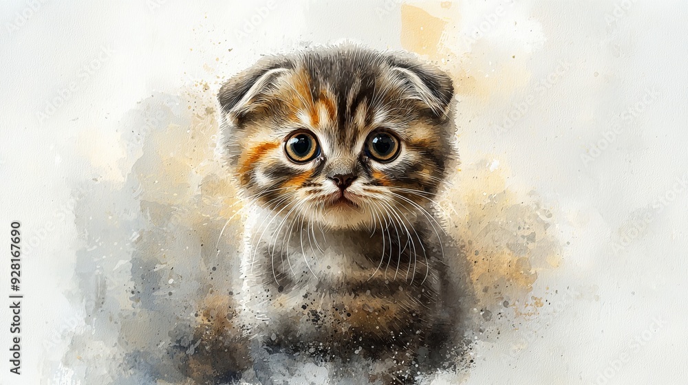 Watercolor Scottish fold kitten with round ears, in a soft background. Watercolor Scottish fold kitten with round ears, in a soft background.