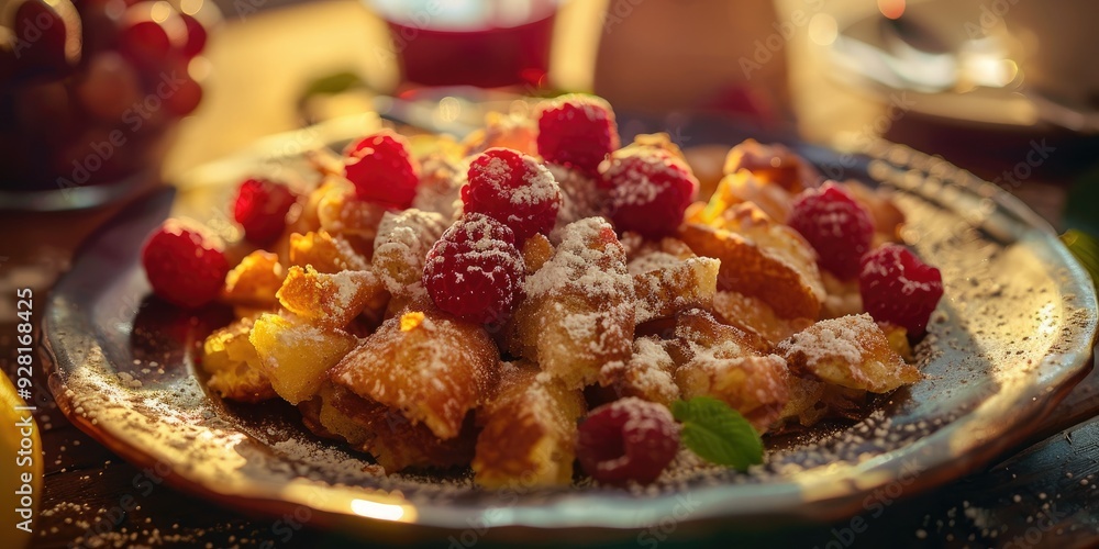Bavarian Delicacy Traditional Kaiserschmarrn Pancake with Sugar Topping Bavarian Delicacy Traditional Kaiserschmarrn Pancake with Sugar Topping