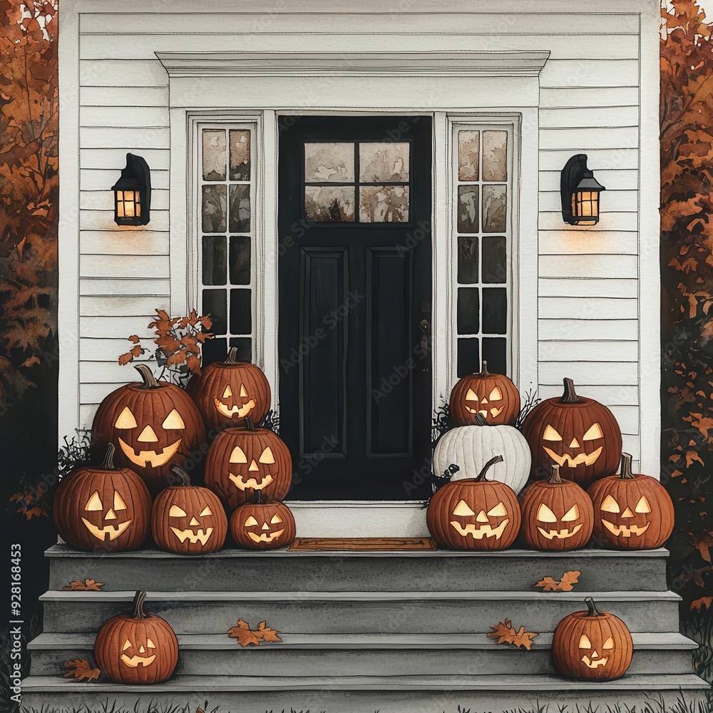 Obraz premium Elegant front porch with a variety of carved pumpkins, softly lit, set against a backdrop of fall foliage
