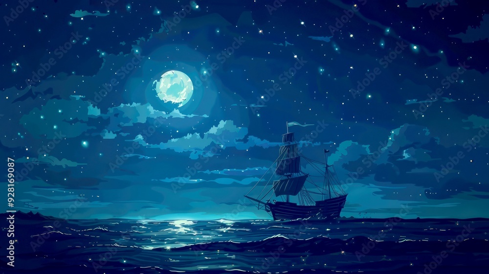 Art illustration battle ship in the sea night Art illustration battle ship in the sea night