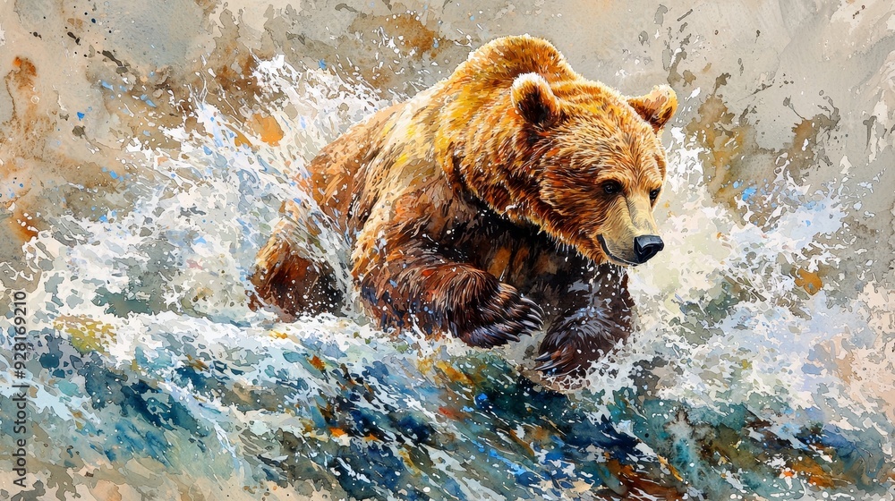 Fototapeta premium Watercolor bear fishing in a river, with vibrant splashes of water.