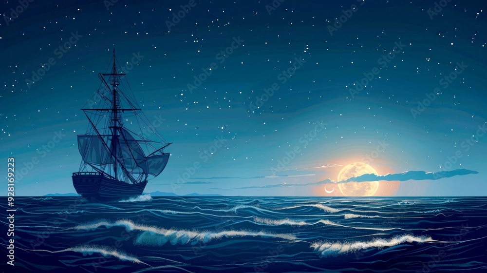 Art illustration battle ship in the sea night Art illustration battle ship in the sea night
