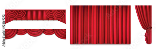 Red theater stage curtain closed and open, long and short top border isolated on white background. Realistic 3d vector illustration set of velvet cloth drapery of cinema, concert or theatre scene.