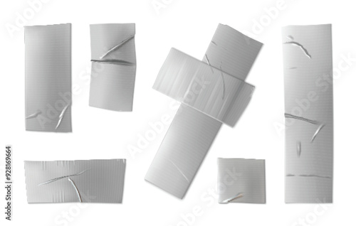 Silver adhesive tape pieces with texture. Realistic 3d vector illustration set of cut glued sticky paper strip with grey metal color and wrinkles. Plastic bandage patch mockup. Torn scotch sticker.