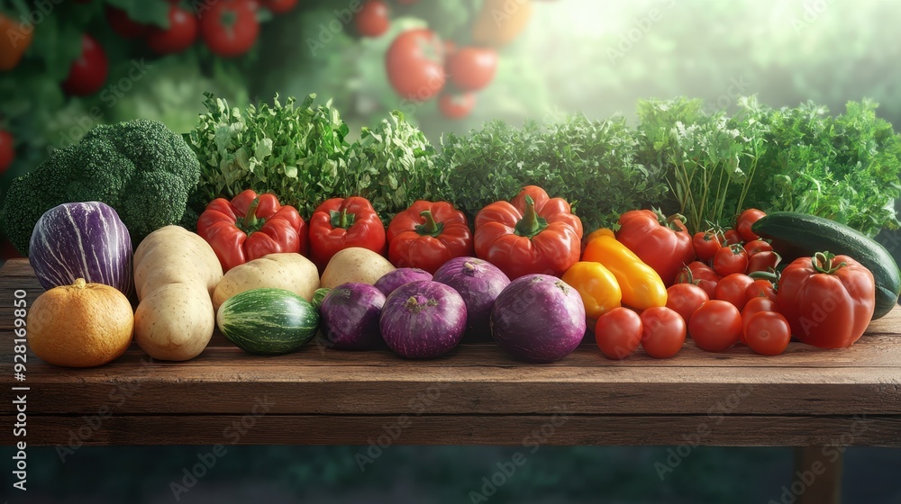 Fresh Organic Vegetables on Wooden Table with Greenery Background in Natural Sunlight Fresh Organic Vegetables on Wooden Table with Greenery Background in Natural Sunlight