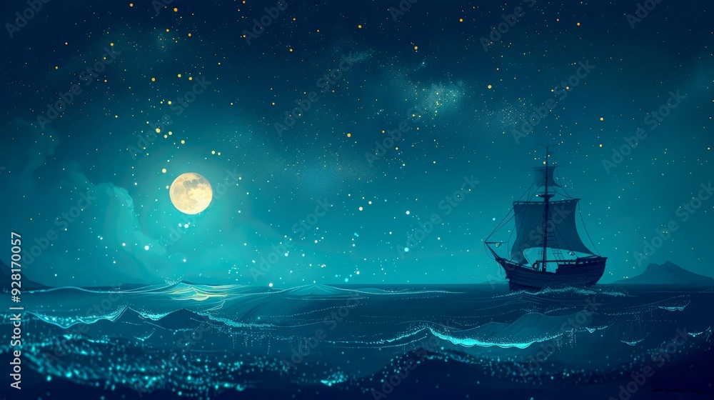 Art illustration battle ship in the sea night