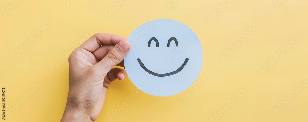 Hand holding a paper smiley face against a yellow background.  Concept of positivity, happiness, and good mood.