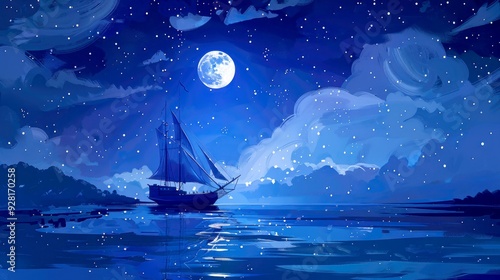 Art illustration battle ship in the sea night