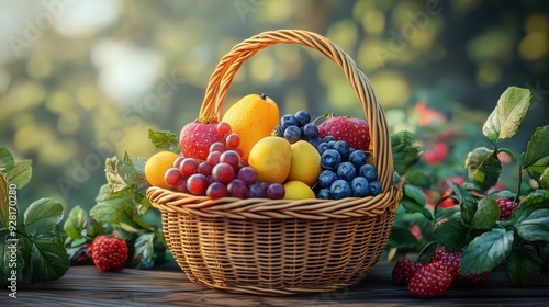 Fresh Fruit Basket with Apples, Grapes, Lemons, and Blueberries in a Sunny Garden Setting