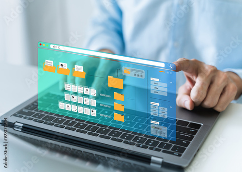 Businessman searching on business and financial paperless report file, contract, plan, data and information with laptop. Online e-document management software system workflow paperless office concept