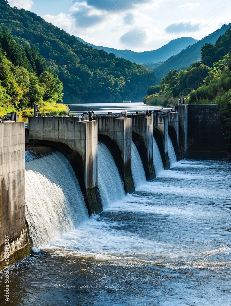 A hydroelectric dam releases water into a river, surrounded by lush green mountains under a partly cloudy sky, showcasing renewable energy in nature. A hydroelectric dam releases water into a river, surrounded by lush green mountains under a partly cloudy sky, showcasing renewable energy in nature.