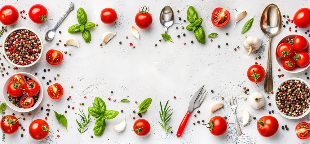 Overhead view of fresh cherry tomatoes, basil, garlic, peppercorns, and kitchen utensils arranged around a white surface with copy space. Overhead view of fresh cherry tomatoes, basil, garlic, peppercorns, and kitchen utensils arranged around a white surface with copy space.