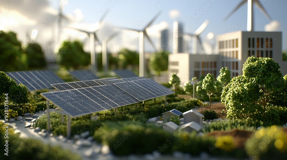 Fototapeta premium Miniature city model with solar panels and wind turbines.
