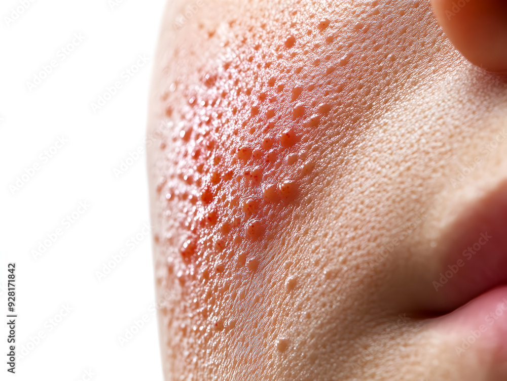 Fototapeta premium photo of a close-up of human skin with a red rash and inflamed pores 