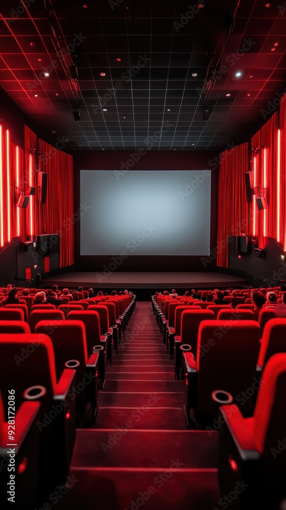 Fototapeta premium People in the cinema auditorium with Cinema blank wide screen and red chairs in the cinema hall,People silhouettes watching movie performance,empty white screen,space for text,copy space.