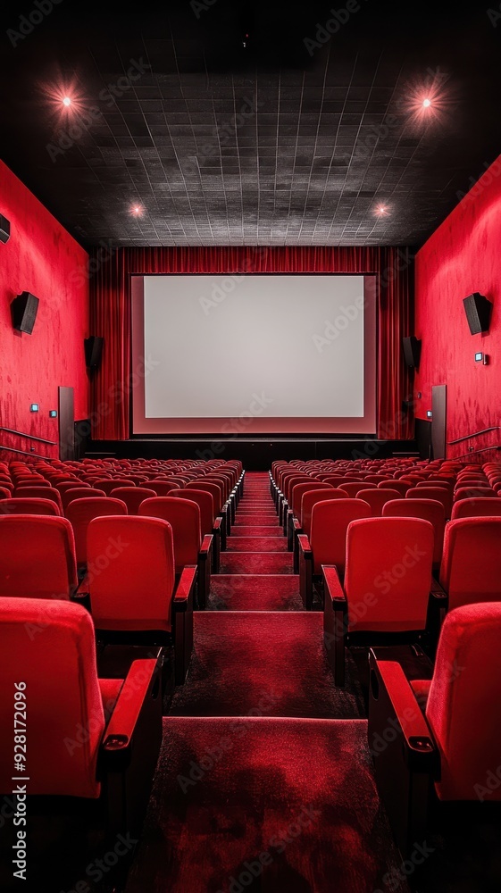 Fototapeta premium People in the cinema auditorium with Cinema blank wide screen and red chairs in the cinema hall,People silhouettes watching movie performance,empty white screen,space for text,copy space.