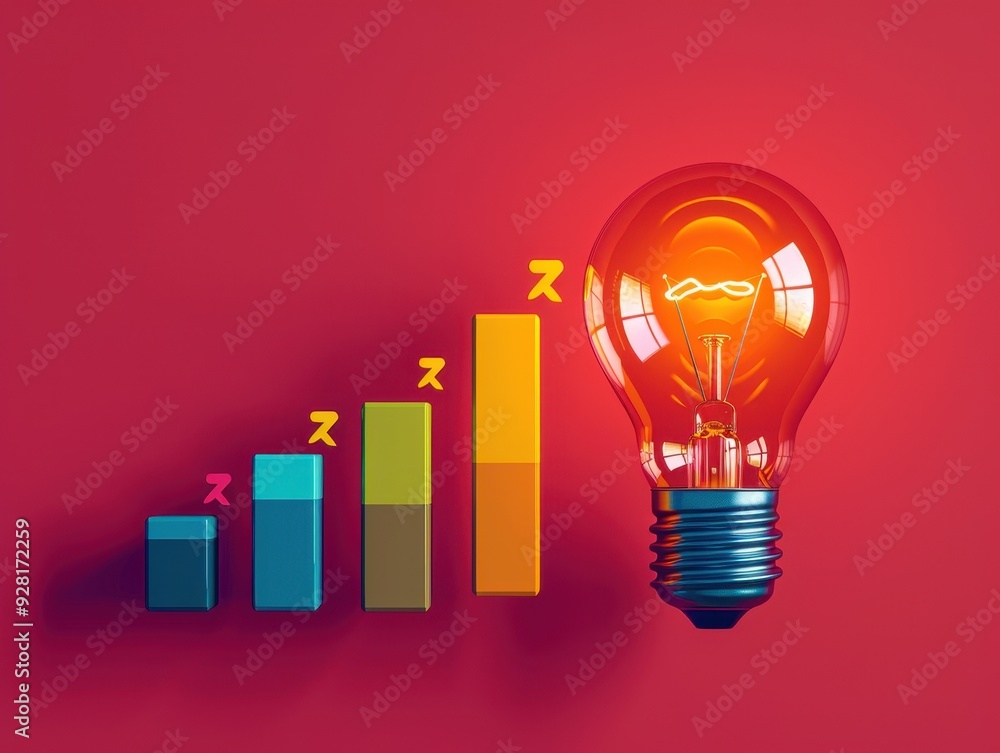 A vibrant light bulb illuminating growth charts representing innovation and business success on a bold red background. A vibrant light bulb illuminating growth charts representing innovation and business success on a bold red background.