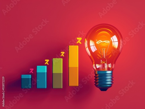 A vibrant light bulb illuminating growth charts representing innovation and business success on a bold red background.