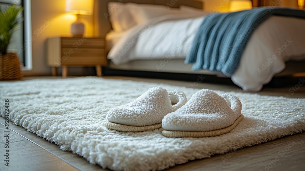 Cozy bedroom with a plush rug and slippers Cozy bedroom with a plush rug and slippers
