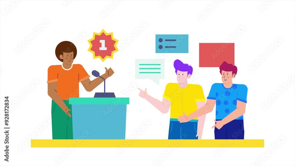a speaker at a podium and two competitors engaging in conversation during a contest illustration business animated video a speaker at a podium and two competitors engaging in conversation during a contest illustration business animated video