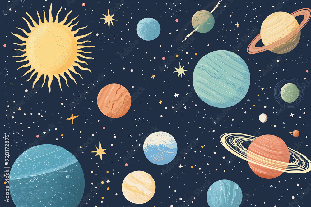 Fantasy illustration of Solar system. All planets Sun Mercury Venus Moon Earth Mars in the night sky. Space, universe galaxy astronomy science. Fantasy illustration of Solar system. All planets Sun Mercury Venus Moon Earth Mars in the night sky. Space, universe galaxy astronomy science.