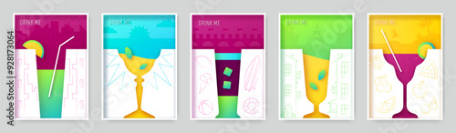 Drink flyers. Summer fruit party posters, creative food paper cut geometric art, minimal origami design. Alcoholic bar menu cover. Different form glasses. Margarita and tequila vector concept