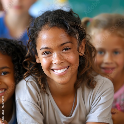 Smiling young woman with children in the background