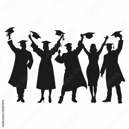 Group of students dancing or jumping with joy after completing degree, graduation celebration set, graduates wearing caps and gowns