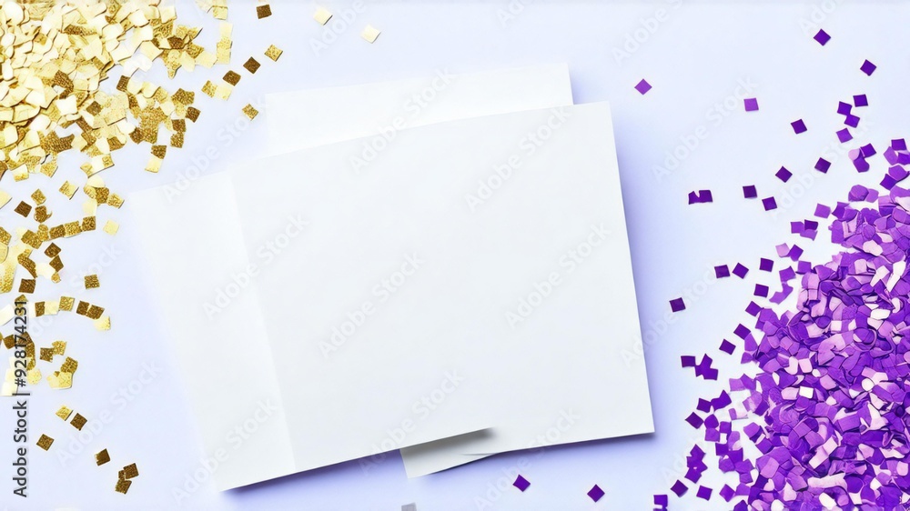 White background, two white postcards, purple and gold confetti. White background, two white postcards, purple and gold confetti.