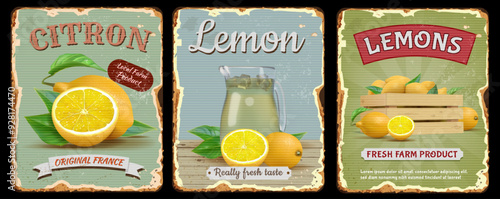 Vintage lemon labels. Retro food ab posters. Fruit lemonade. Citrus drink. Art texture with green leaf and citron. Plant healthy beverage. Old design billboards. Vector design banners set