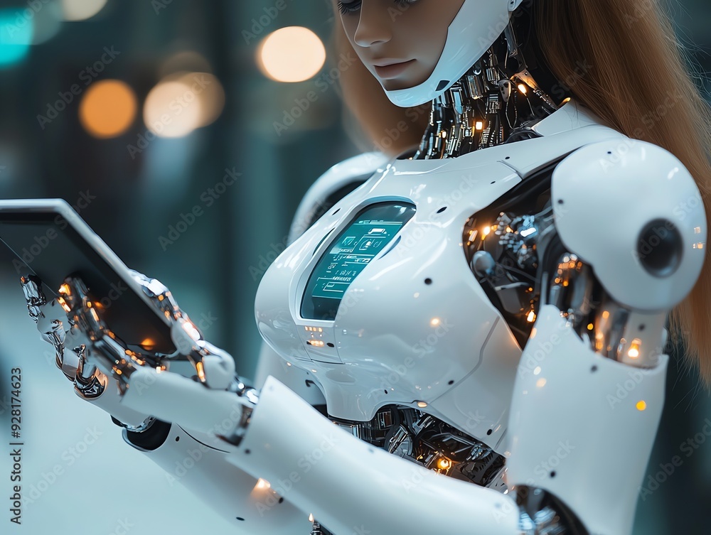 Fototapeta premium Female android holding a tablet.
