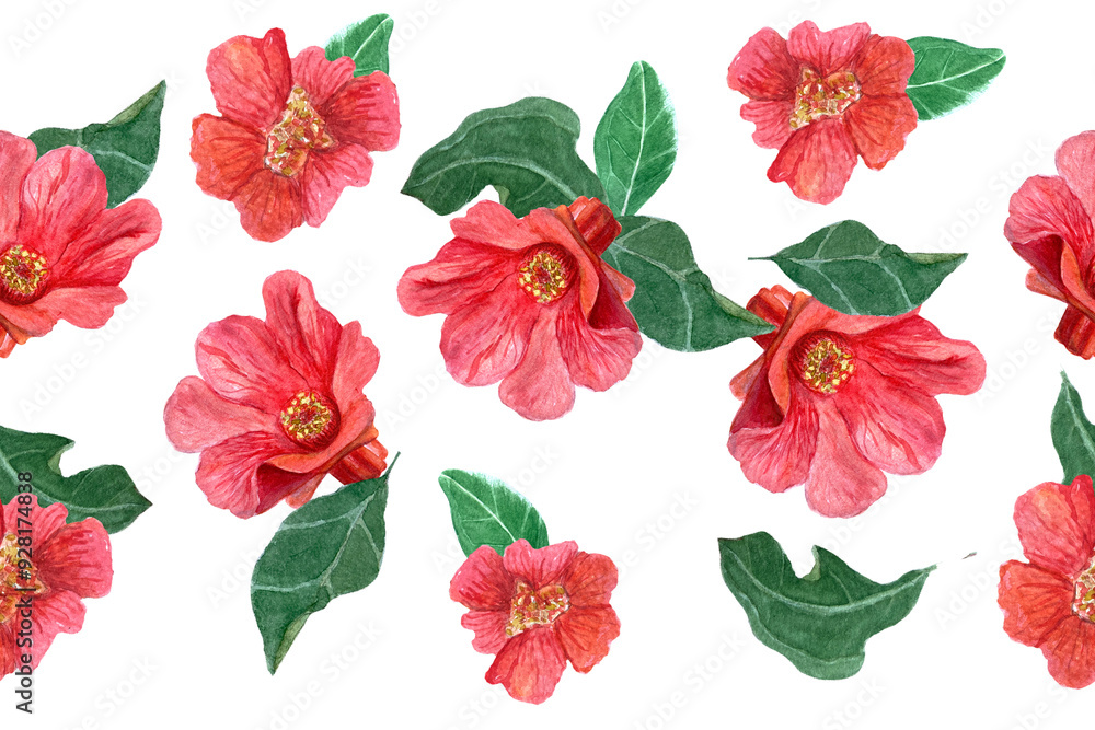 A pomegranate flower with green leafs seamless pattern isolated on white. The hand-painted watercolor vibrant artwork ideal for botanical prints, wrapping paper, cards, textile and decor. Summer clip A pomegranate flower with green leafs seamless pattern isolated on white. The hand-painted watercolor vibrant artwork ideal for botanical prints, wrapping paper, cards, textile and decor. Summer clip