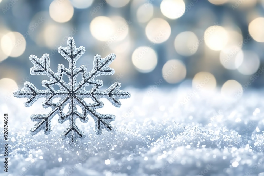 Sparkling Silver Snowflakes on Snow With a Festive Bokeh Background - Christmas Still Life Banner Sparkling Silver Snowflakes on Snow With a Festive Bokeh Background - Christmas Still Life Banner