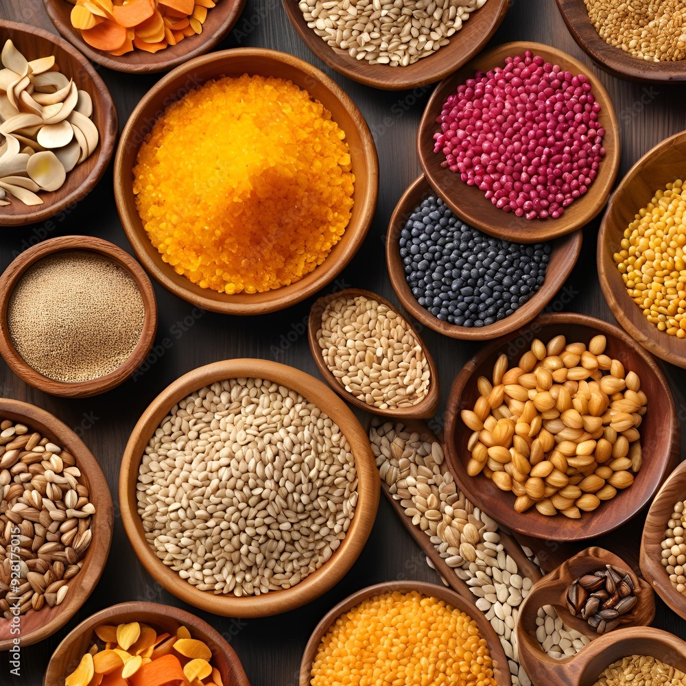 Organic grains, assorted in wooden bowls, 3D illustration Organic grains, assorted in wooden bowls, 3D illustration