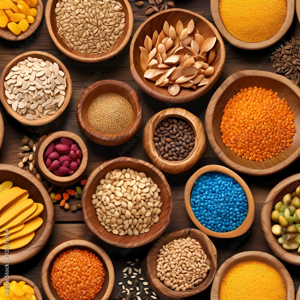 Organic grains, assorted in wooden bowls, 3D illustration Organic grains, assorted in wooden bowls, 3D illustration