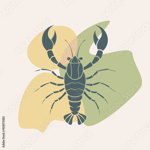 Lobster or crayfish on blobs background. Seafood shop logo, signboard, restaurant menu, fish market, banner, poster design template. Fresh seafood or shellfish product.