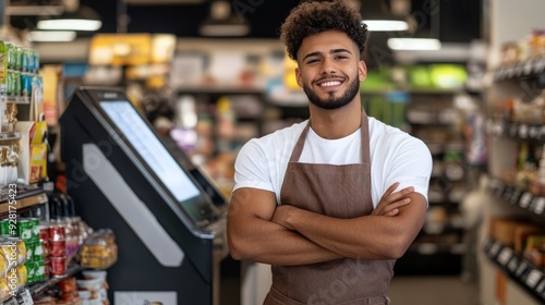 young man working in the supermarke wearing an apron and shirt, Working at the cashier department photo