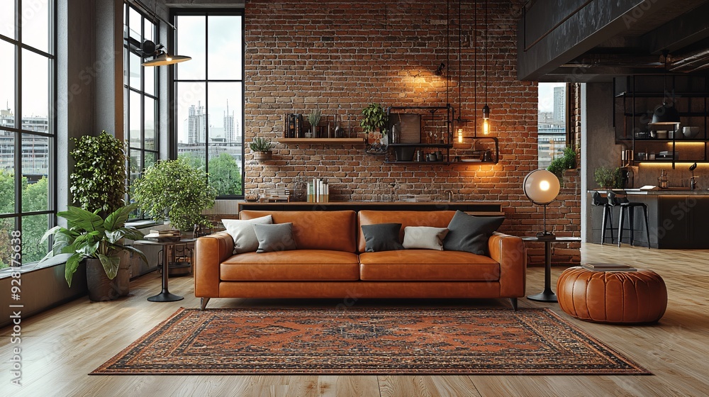 Fototapeta premium Stylish modern loft with large windows and leather furniture